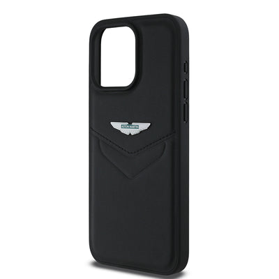 Apple iPhone 15 Pro Max Kılıf Aston Martin Orjinal Lisanslı Victory Dizayn PU Deri Metal Logolu Kapak Siyah