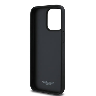 Apple iPhone 15 Pro Max Kılıf Aston Martin Orjinal Lisanslı Victory Dizayn PU Deri Metal Logolu Kapak Siyah