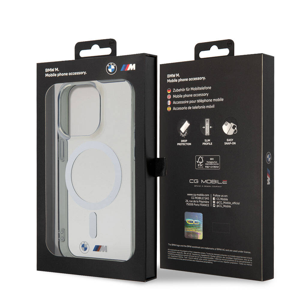 Apple iPhone 15 Pro Max Kılıf BMW Magsafe Şarj Özellikli Transparan Silver Ring Orjinal Lisanslı Kapak Renksiz