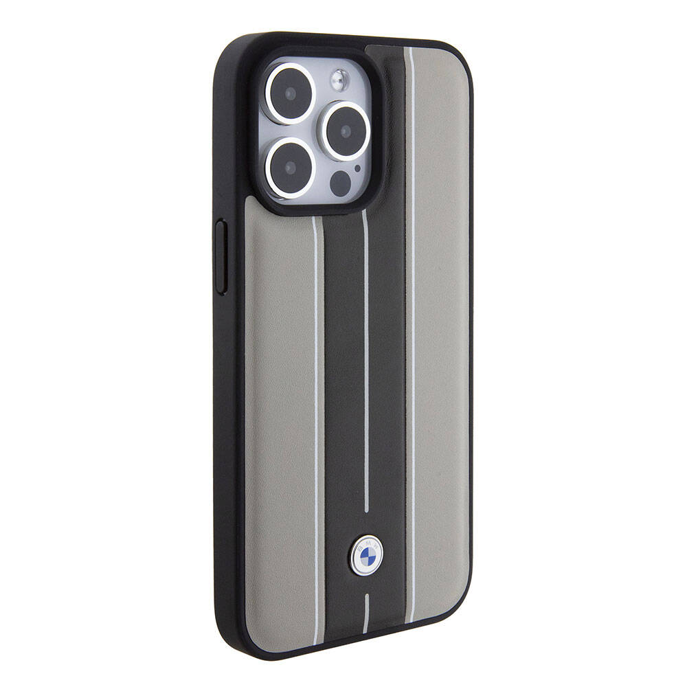 iPhone 15 Pro Kılıf BMW Orjinal Lisanslı Deri Arka Yüzey Metal Logolu Çift Şerit Tasarımlı Kılıf