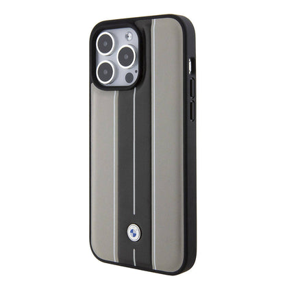 iPhone 15 Pro Max Kılıf BMW Orjinal Lisanslı Deri Arka Yüzey Metal Logolu Çift Şerit Tasarımlı Kılıf