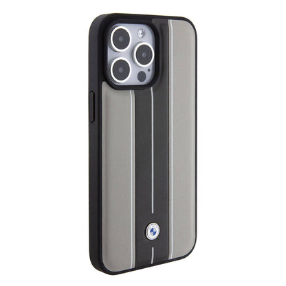 iPhone 15 Pro Max Kılıf BMW Orjinal Lisanslı Deri Arka Yüzey Metal Logolu Çift Şerit Tasarımlı Kılıf
