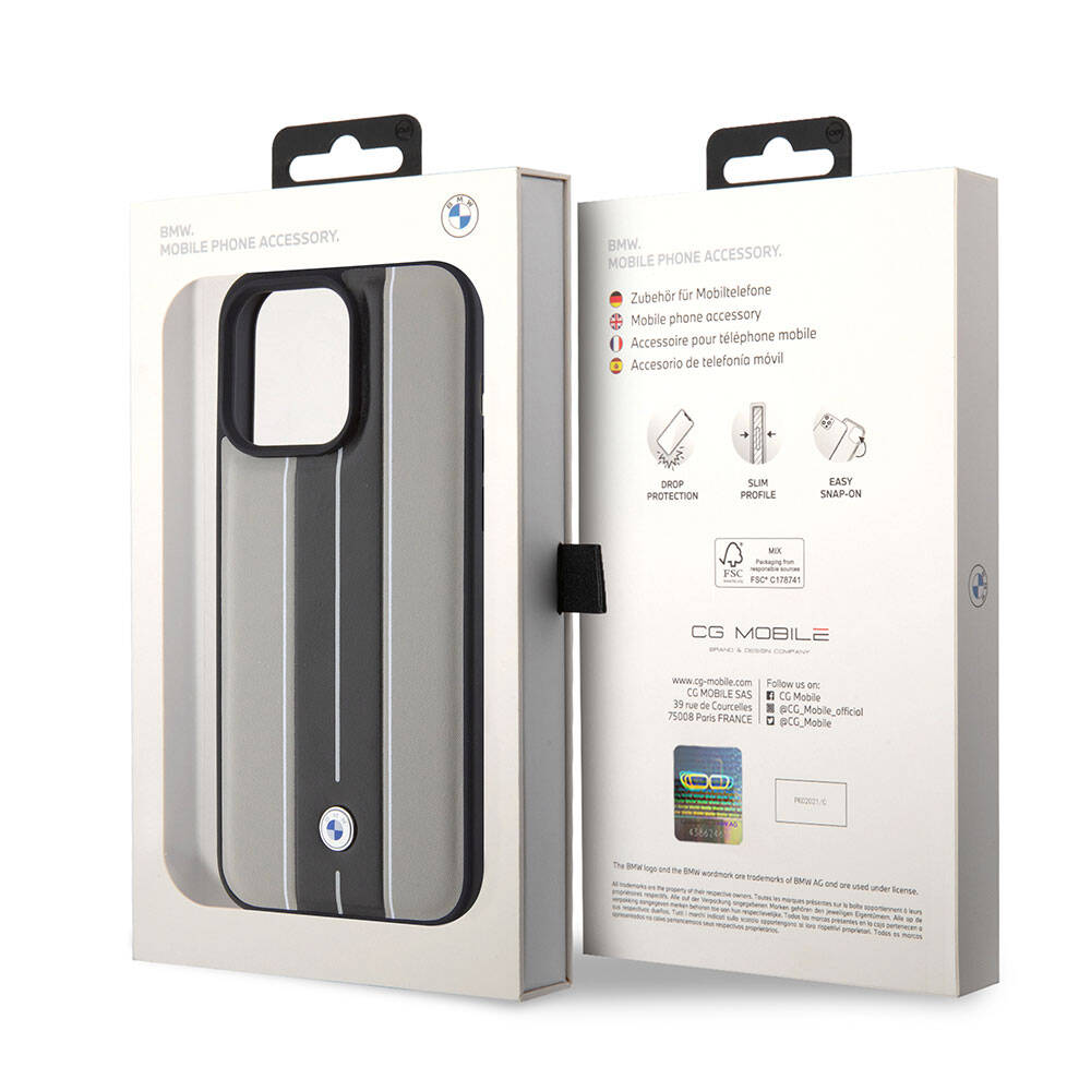 iPhone 15 Pro Max Kılıf BMW Orjinal Lisanslı Deri Arka Yüzey Metal Logolu Çift Şerit Tasarımlı Kılıf