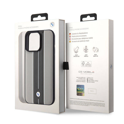 iPhone 15 Pro Max Kılıf BMW Orjinal Lisanslı Deri Arka Yüzey Metal Logolu Çift Şerit Tasarımlı Kılıf