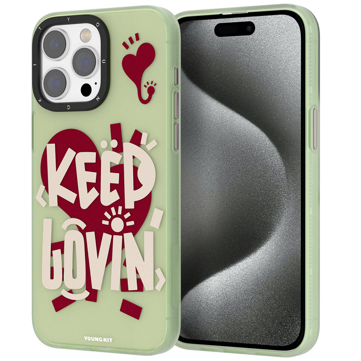 Apple iPhone 15 Pro Max Kılıf Desenli Youngkit Happy Hearth Serisi Kapak Su Yeşil