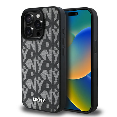 Apple iPhone 15 Pro Max Kılıf DKNY Orjinal Lisanslı M-safe Şarj Özellikli 3D Yazılı Grid Pattern Kapak Kahverengi