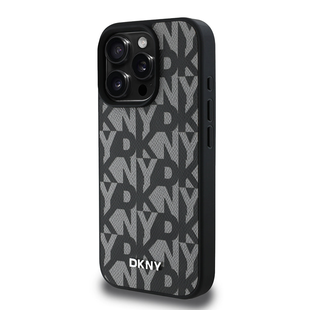 Apple iPhone 15 Pro Max Kılıf DKNY Orjinal Lisanslı M-safe Şarj Özellikli 3D Yazılı Grid Pattern Kapak Kahverengi