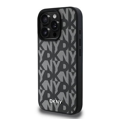 Apple iPhone 15 Pro Max Kılıf DKNY Orjinal Lisanslı M-safe Şarj Özellikli 3D Yazılı Grid Pattern Kapak Kahverengi