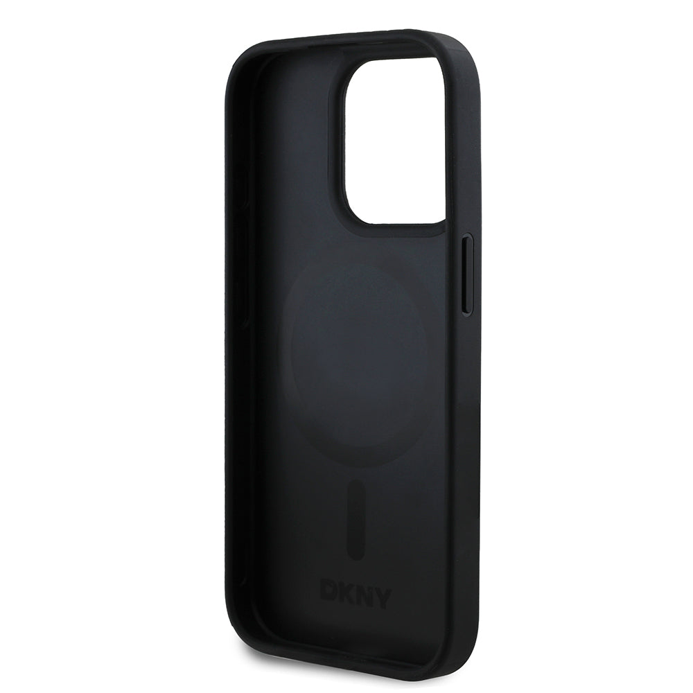 Apple iPhone 15 Pro Max Kılıf DKNY Orjinal Lisanslı M-safe Şarj Özellikli 3D Yazılı Grid Pattern Kapak Kahverengi