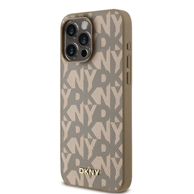 Apple iPhone 15 Pro Max Kılıf DKNY Orjinal Lisanslı M-safe Şarj Özellikli 3D Yazılı Grid Pattern Kapak Kahverengi