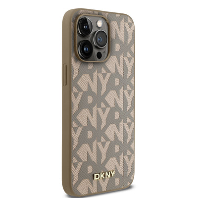 Apple iPhone 15 Pro Max Kılıf DKNY Orjinal Lisanslı M-safe Şarj Özellikli 3D Yazılı Grid Pattern Kapak Kahverengi