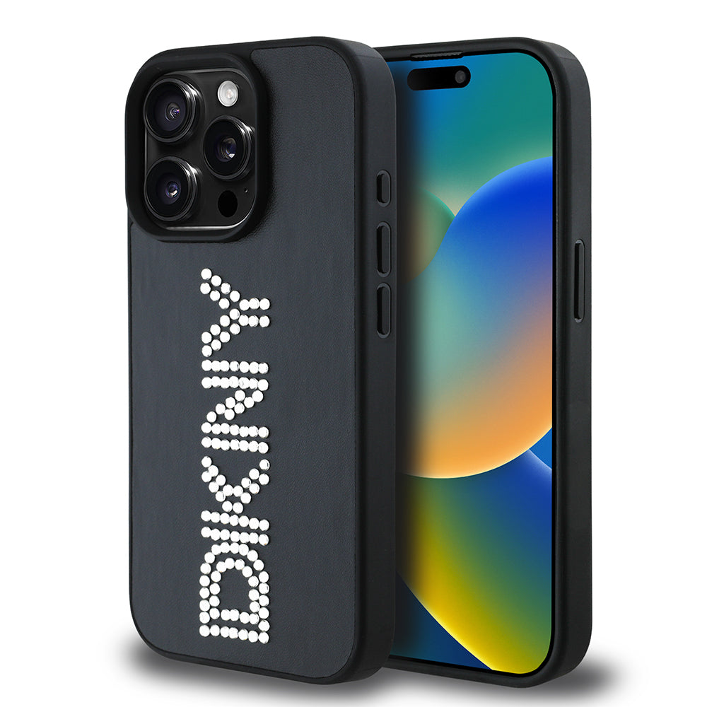 iPhone 15 Pro Max Kılıf DKNY Orjinal Lisanslı Taşlı DKNY Yazılı Metalik Rhinestones PU Deri Kılıf