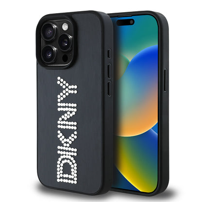 iPhone 15 Pro Max Kılıf DKNY Orjinal Lisanslı Taşlı DKNY Yazılı Metalik Rhinestones PU Deri Kılıf