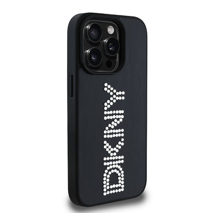 iPhone 15 Pro Max Kılıf DKNY Orjinal Lisanslı Taşlı DKNY Yazılı Metalik Rhinestones PU Deri Kılıf