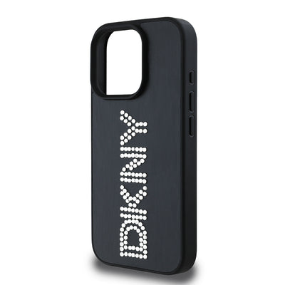Apple iPhone 15 Pro Max Kılıf DKNY Orjinal Lisanslı Taşlı DKNY Yazılı Metalik Rhinestones PU Deri Kapak Siyah