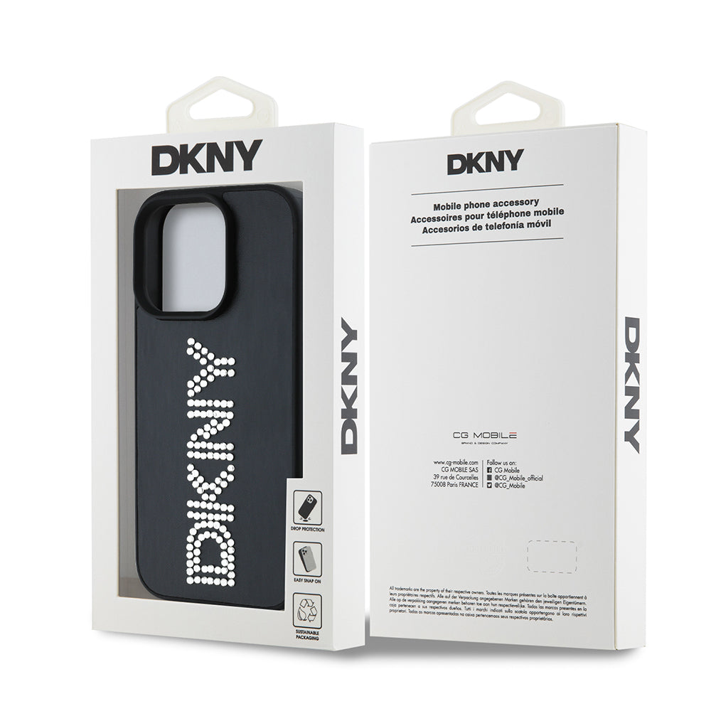 Apple iPhone 15 Pro Max Kılıf DKNY Orjinal Lisanslı Taşlı DKNY Yazılı Metalik Rhinestones PU Deri Kapak Siyah