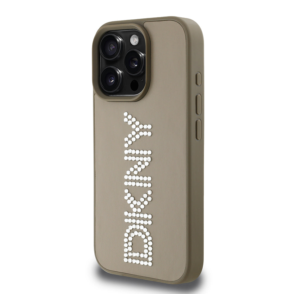 iPhone 15 Pro Max Kılıf DKNY Orjinal Lisanslı Taşlı DKNY Yazılı Metalik Rhinestones PU Deri Kılıf