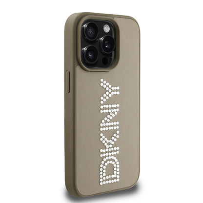iPhone 15 Pro Max Kılıf DKNY Orjinal Lisanslı Taşlı DKNY Yazılı Metalik Rhinestones PU Deri Kılıf