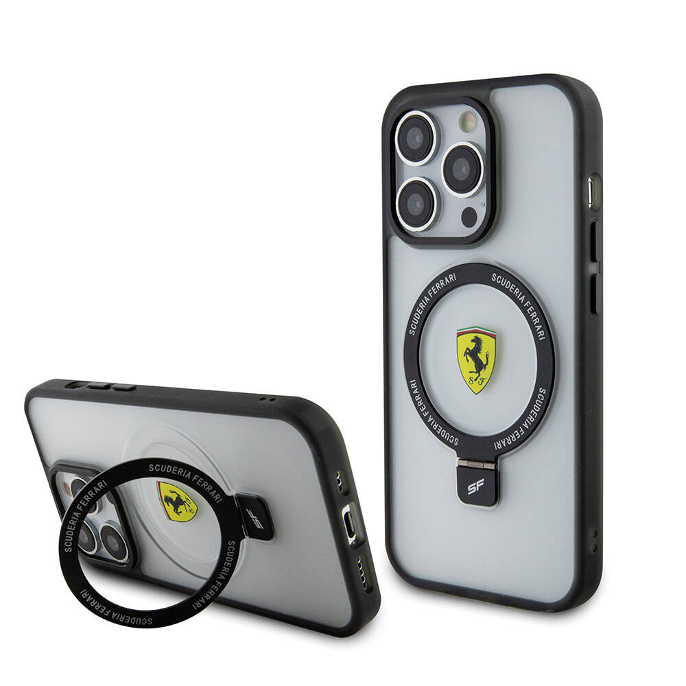 iPhone 15 Pro Max Kılıf Ferrari M-safe Şarj Özellikli Standlı Buzlu Yüzey Dizayn Kılıf