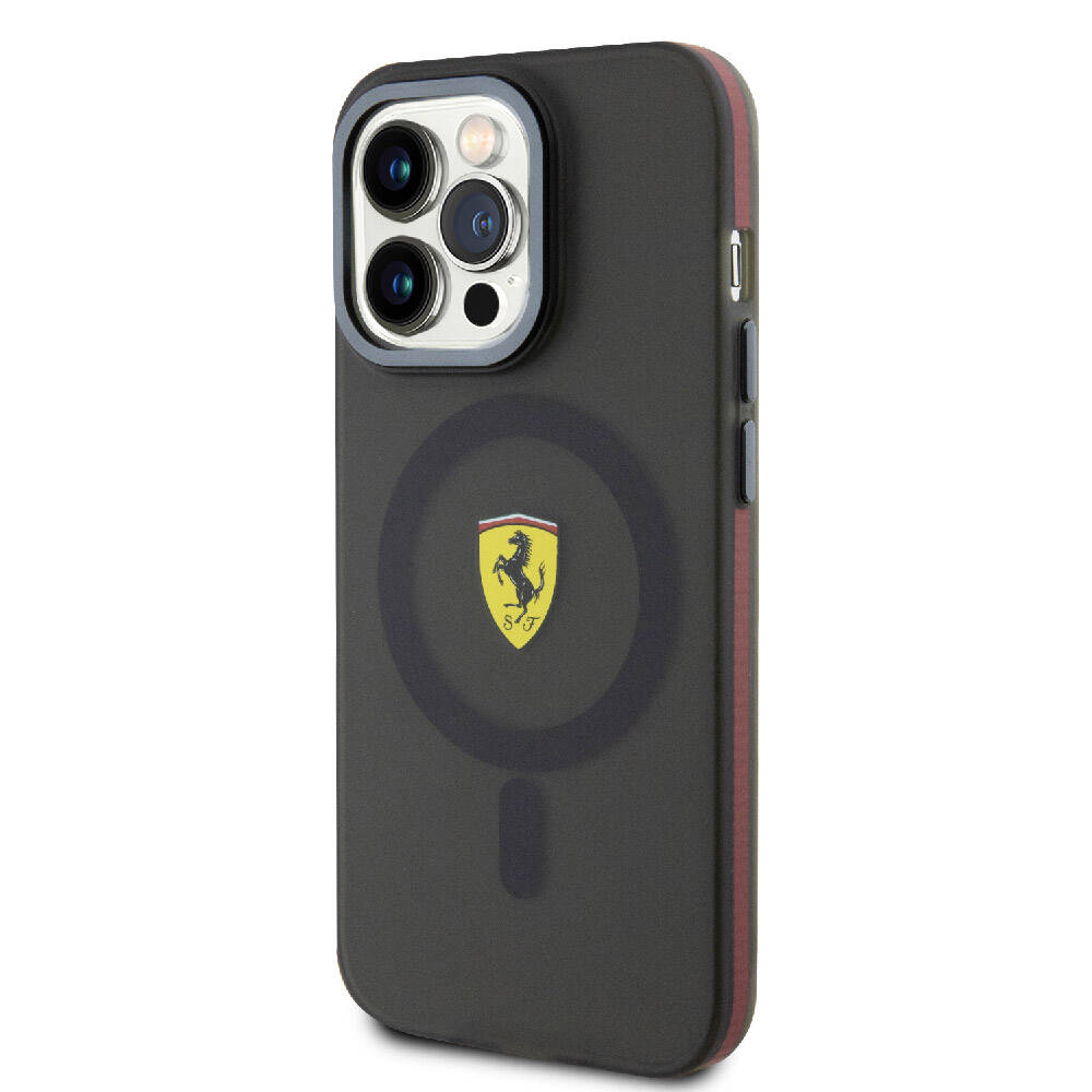Apple iPhone 15 Pro Max Kılıf Ferrari Orjinal Lisanslı Magsafe Şarj Özellikli Kontrast Bumper Kapak Siyah