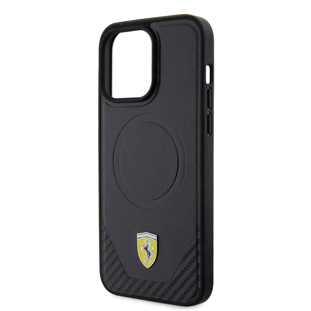 iPhone 15 Pro Max Kılıf Ferrari Orjinal Lisanslı M-safe Şarj Özellikli Metal Logolu PU Karbon Kılıf