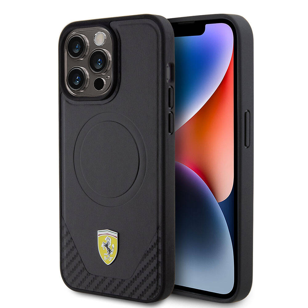 Apple iPhone 15 Pro Max Kılıf Ferrari Orjinal Lisanslı Magsafe Şarj Özellikli Metal Logolu PU Karbon Kapak Siyah