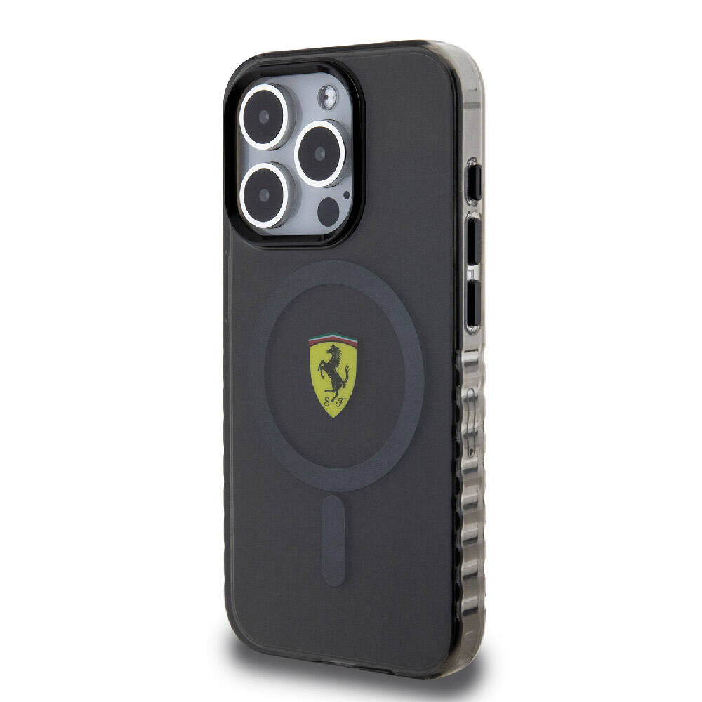 iPhone 15 Pro Max Kılıf Ferrari Orjinal Lisanslı M-safe Şarj Özellikli Tırtıklı Kenar Tasarımlı Ortalanmış Logo Kılıf
