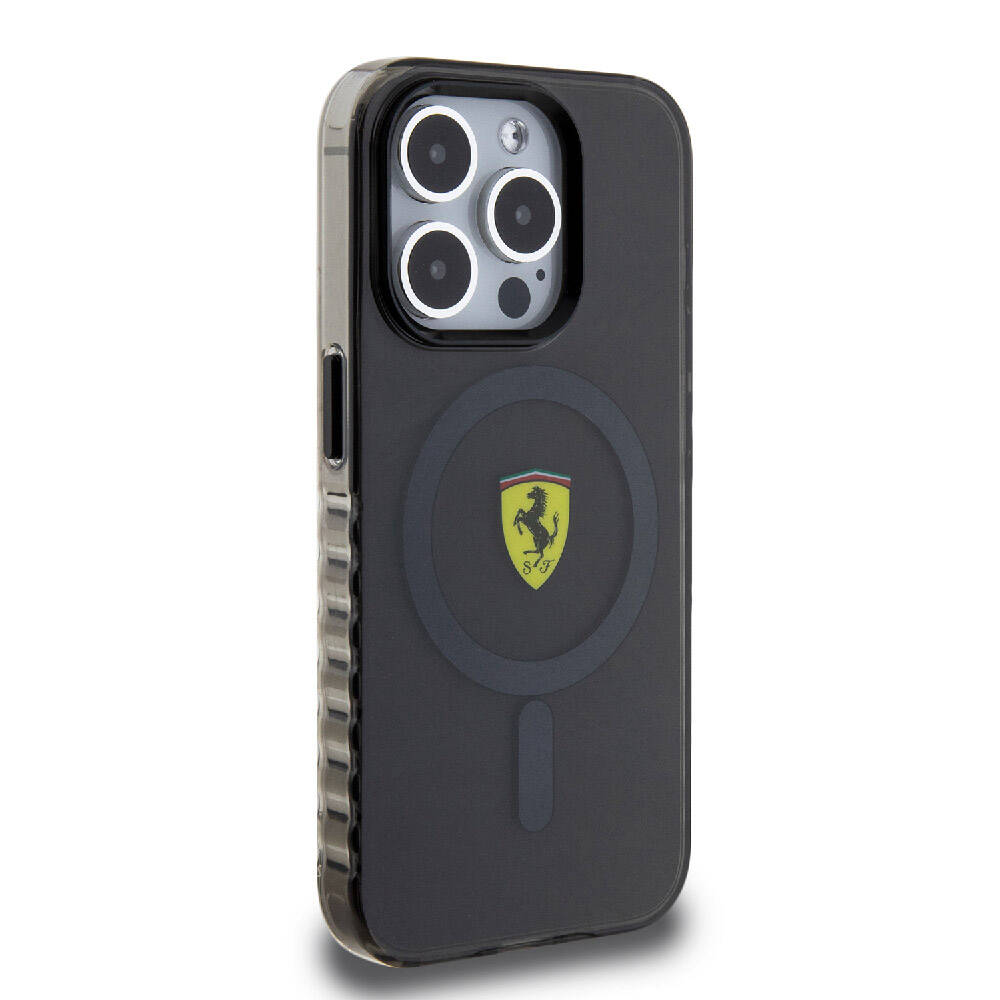 iPhone 15 Pro Max Kılıf Ferrari Orjinal Lisanslı M-safe Şarj Özellikli Tırtıklı Kenar Tasarımlı Ortalanmış Logo Kılıf