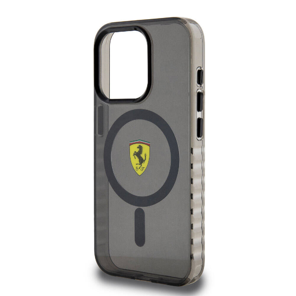 iPhone 15 Pro Max Kılıf Ferrari Orjinal Lisanslı M-safe Şarj Özellikli Tırtıklı Kenar Tasarımlı Ortalanmış Logo Kılıf