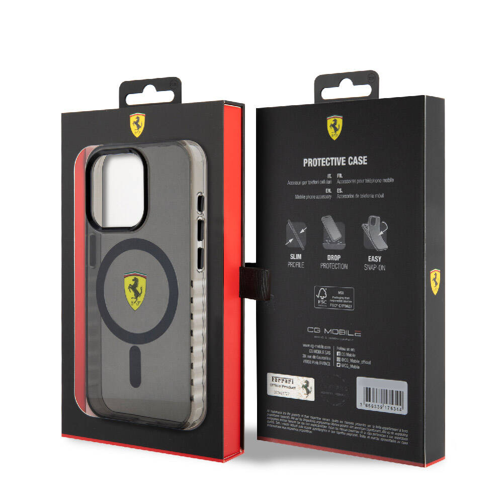 Apple iPhone 15 Pro Max Kılıf Ferrari Orjinal Lisanslı Magsafe Şarj Özellikli Tırtıklı Kenar Tasarımlı Ortalanmış Logo Kapak Renksiz