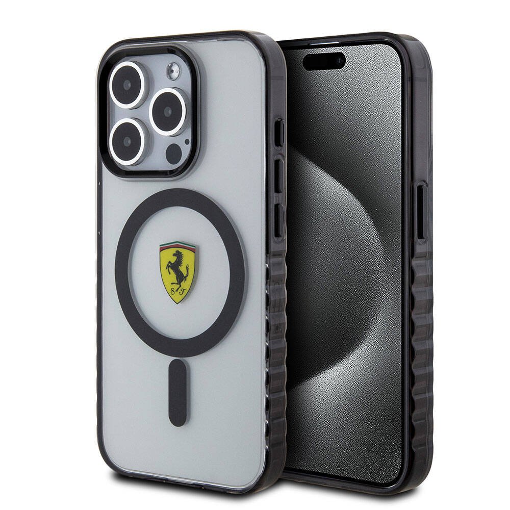 Apple iPhone 15 Pro Max Kılıf Ferrari Orjinal Lisanslı Magsafe Şarj Özellikli Tırtıklı Kenar Tasarımlı Ortalanmış Logo Kapak Renksiz