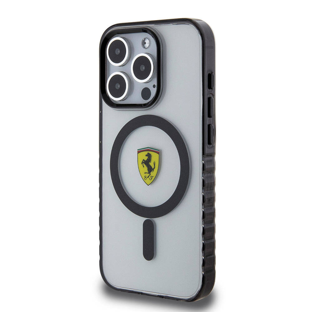 Apple iPhone 15 Pro Max Kılıf Ferrari Orjinal Lisanslı Magsafe Şarj Özellikli Tırtıklı Kenar Tasarımlı Ortalanmış Logo Kapak Renksiz