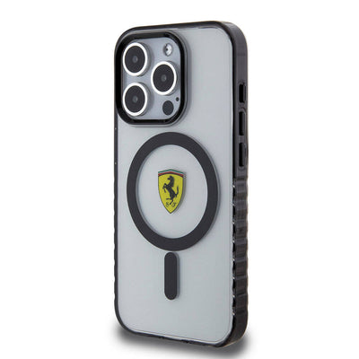 Apple iPhone 15 Pro Max Kılıf Ferrari Orjinal Lisanslı Magsafe Şarj Özellikli Tırtıklı Kenar Tasarımlı Ortalanmış Logo Kapak Renksiz