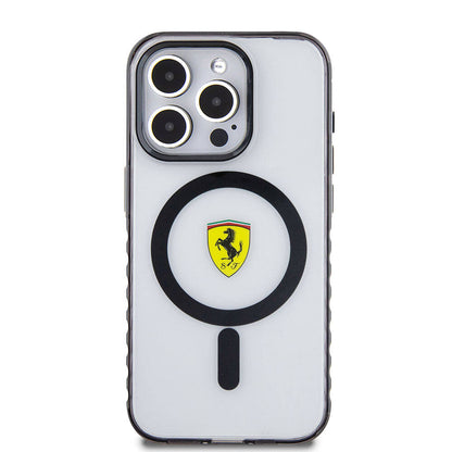 iPhone 15 Pro Max Kılıf Ferrari Orjinal Lisanslı M-safe Şarj Özellikli Tırtıklı Kenar Tasarımlı Ortalanmış Logo Kılıf
