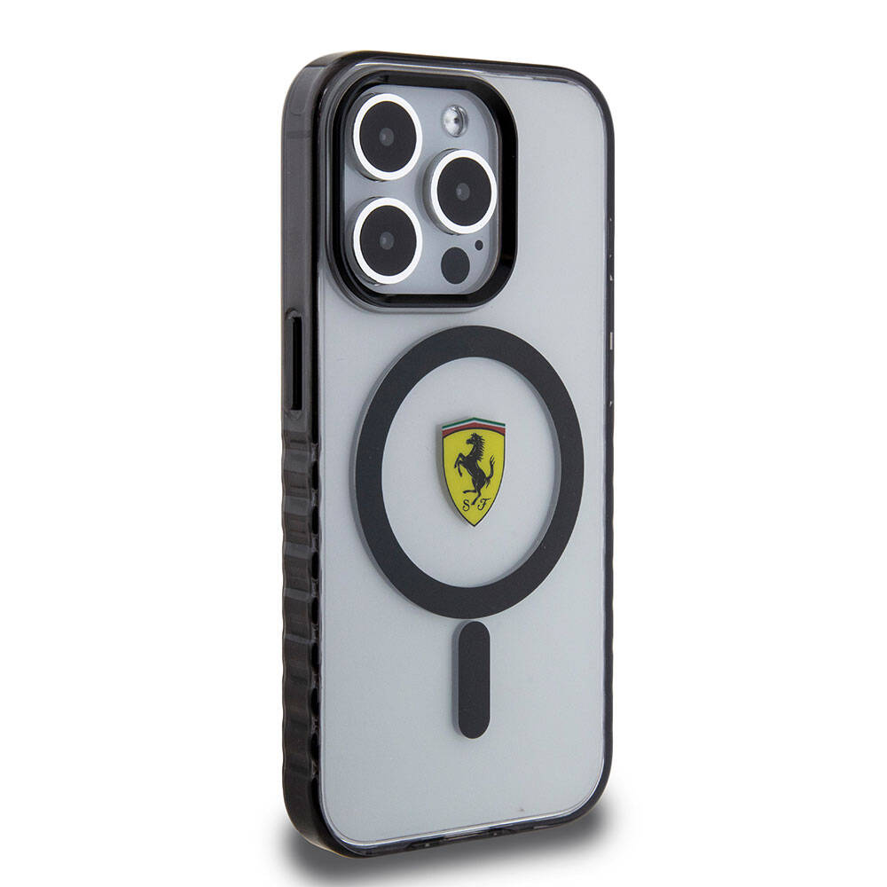 iPhone 15 Pro Max Kılıf Ferrari Orjinal Lisanslı M-safe Şarj Özellikli Tırtıklı Kenar Tasarımlı Ortalanmış Logo Kılıf