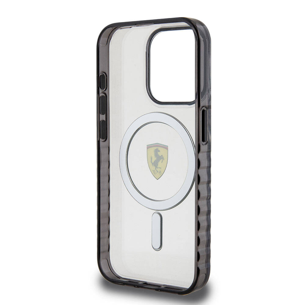iPhone 15 Pro Max Kılıf Ferrari Orjinal Lisanslı M-safe Şarj Özellikli Tırtıklı Kenar Tasarımlı Ortalanmış Logo Kılıf