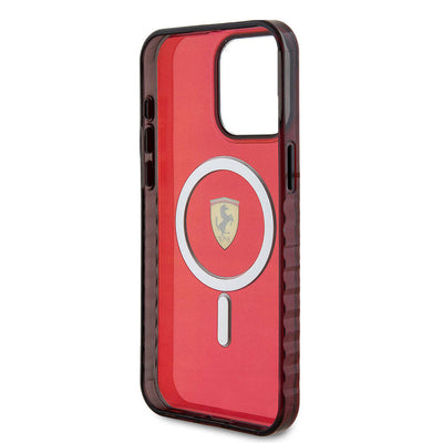 Apple iPhone 15 Pro Max Kılıf Ferrari Orjinal Lisanslı Magsafe Şarj Özellikli Tırtıklı Kenar Tasarımlı Ortalanmış Logo Kapak Kırmızı