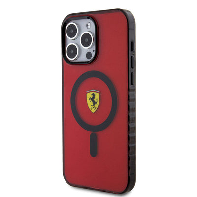 Apple iPhone 15 Pro Max Kılıf Ferrari Orjinal Lisanslı Magsafe Şarj Özellikli Tırtıklı Kenar Tasarımlı Ortalanmış Logo Kapak Kırmızı