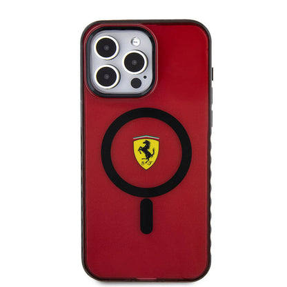 iPhone 15 Pro Max Kılıf Ferrari Orjinal Lisanslı M-safe Şarj Özellikli Tırtıklı Kenar Tasarımlı Ortalanmış Logo Kılıf