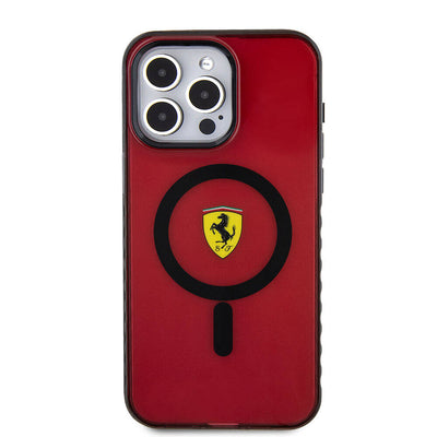 Apple iPhone 15 Pro Max Kılıf Ferrari Orjinal Lisanslı Magsafe Şarj Özellikli Tırtıklı Kenar Tasarımlı Ortalanmış Logo Kapak Renksiz