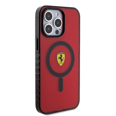 Apple iPhone 15 Pro Max Kılıf Ferrari Orjinal Lisanslı Magsafe Şarj Özellikli Tırtıklı Kenar Tasarımlı Ortalanmış Logo Kapak Renksiz