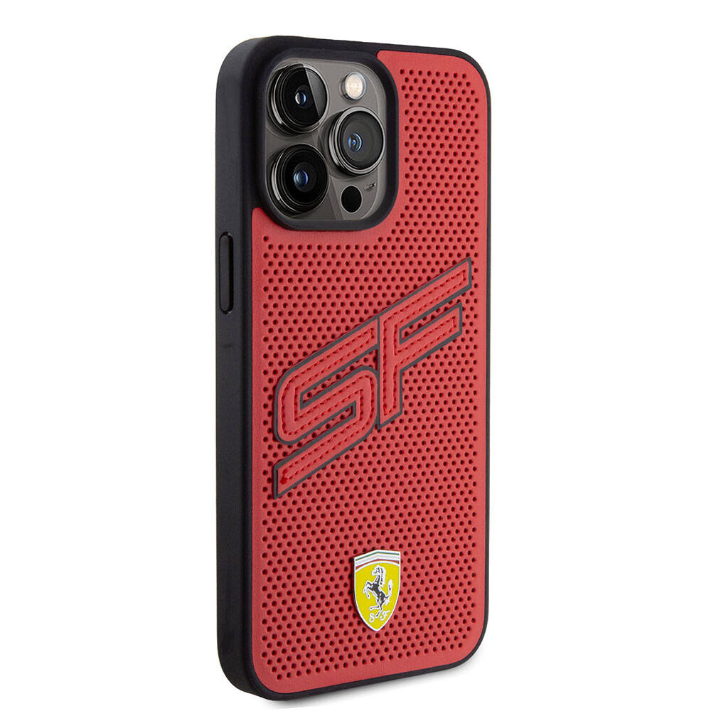 Apple iPhone 15 Pro Max Kılıf Ferrari Orjinal Lisanslı PU Delikli Arka Yüzey Metal Logolu Dikişli Büyük SF Yazılı Kapak Kırmızı