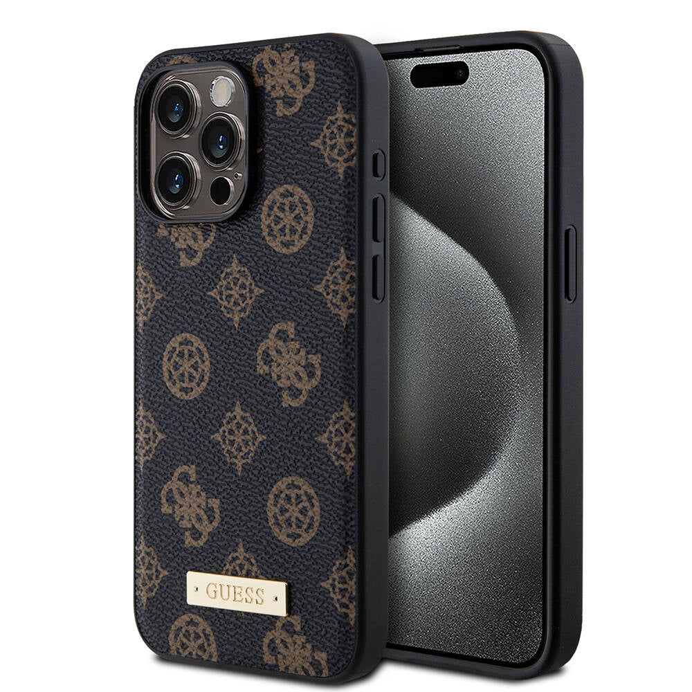 iPhone 15 Pro Max Kılıf Guess M-safe Şarj Özellikli PU Deri Desenli Metal Plaka Logolu Kılıf