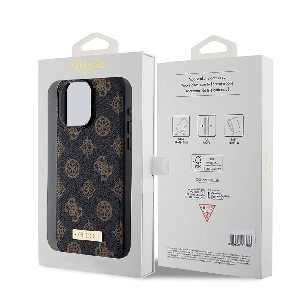 iPhone 15 Pro Max Kılıf Guess M-safe Şarj Özellikli PU Deri Desenli Metal Plaka Logolu Kılıf