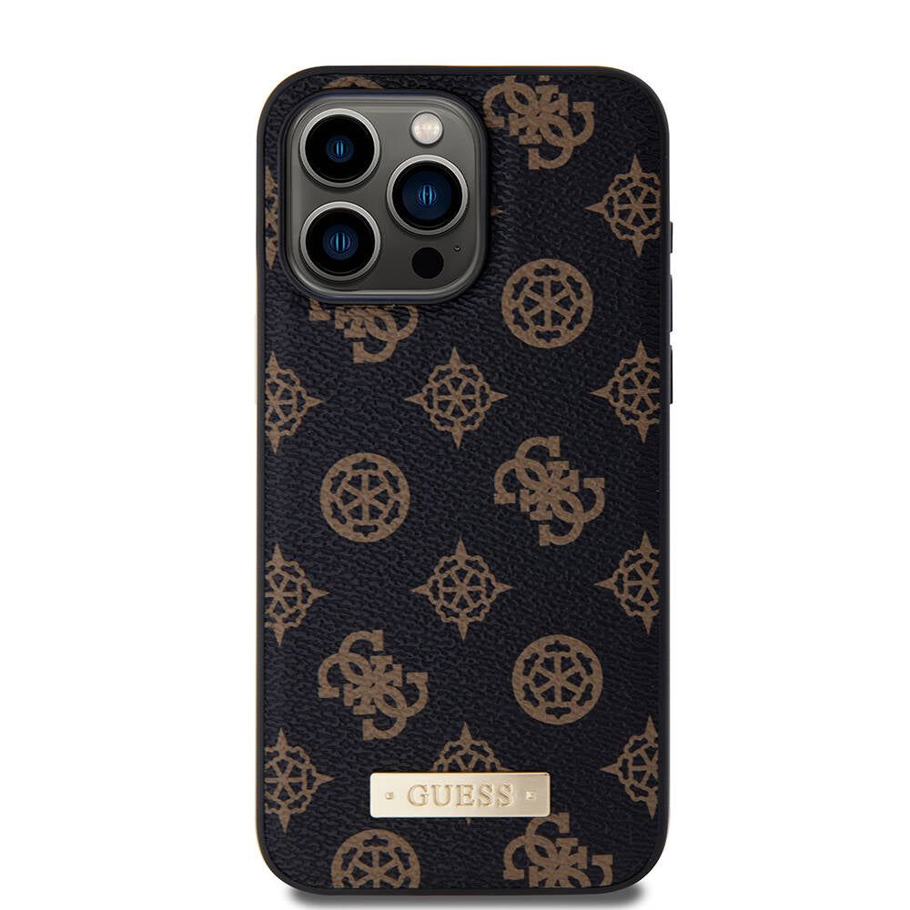 iPhone 15 Pro Max Kılıf Guess M-safe Şarj Özellikli PU Deri Desenli Metal Plaka Logolu Kılıf