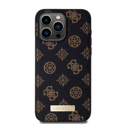 iPhone 15 Pro Max Kılıf Guess M-safe Şarj Özellikli PU Deri Desenli Metal Plaka Logolu Kılıf