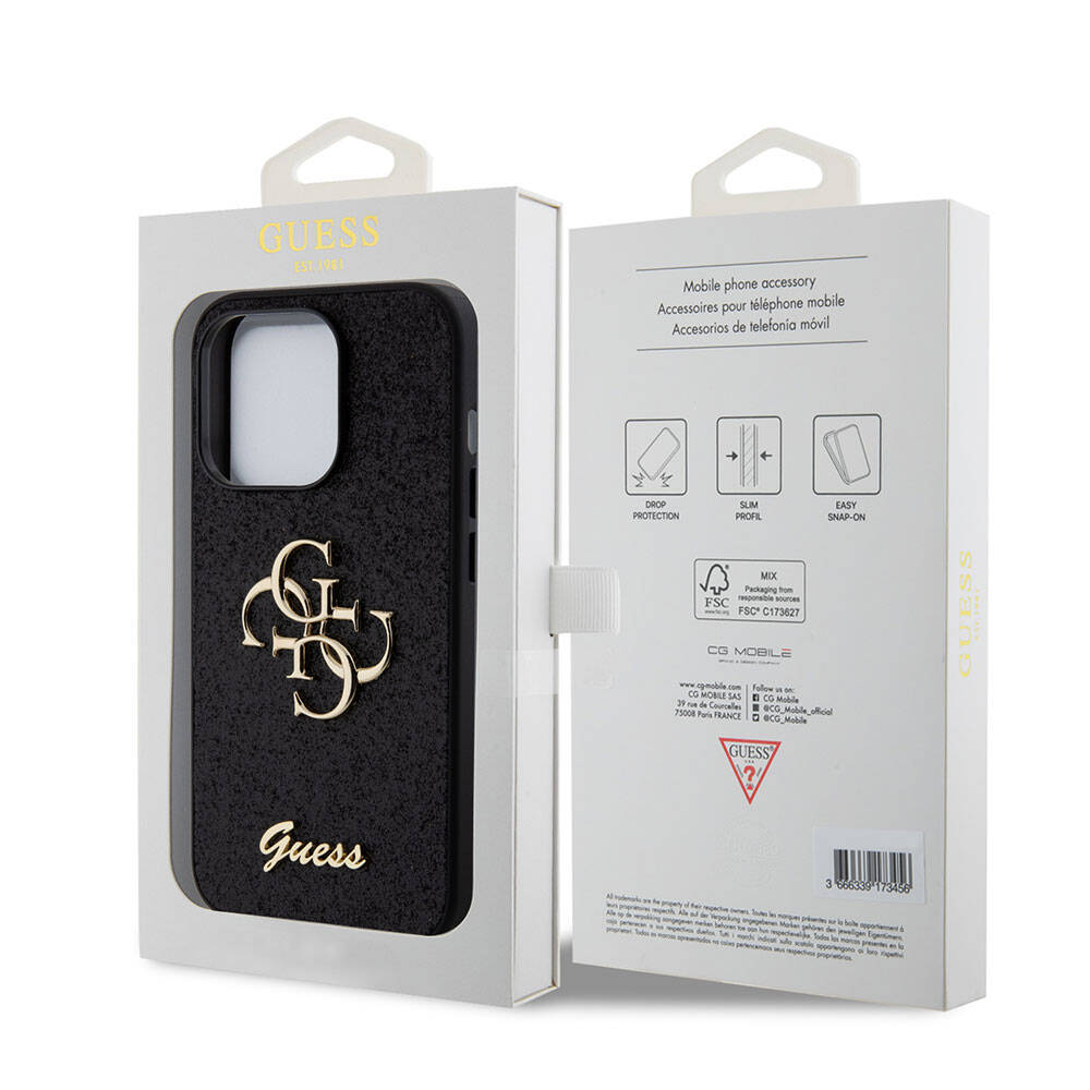 Apple iPhone 15 Pro Max Kılıf Guess Orjinal Lisanslı 4G Büyük Metal Logolu Glitter Kapak Gold