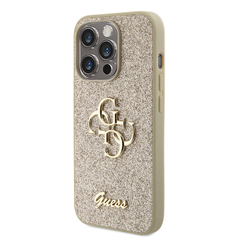 Apple iPhone 15 Pro Max Kılıf Guess Orjinal Lisanslı 4G Büyük Metal Logolu Glitter Kapak Pembe