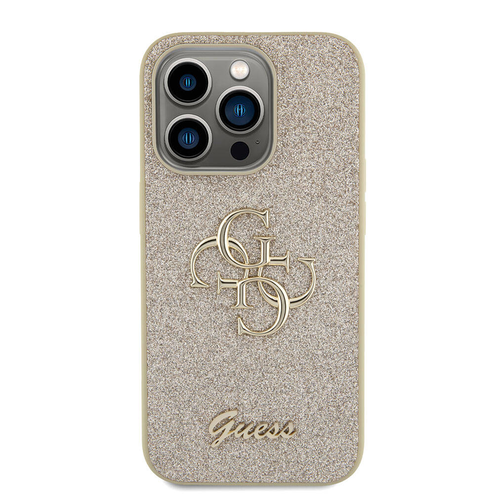Apple iPhone 15 Pro Max Kılıf Guess Orjinal Lisanslı 4G Büyük Metal Logolu Glitter Kapak Pembe