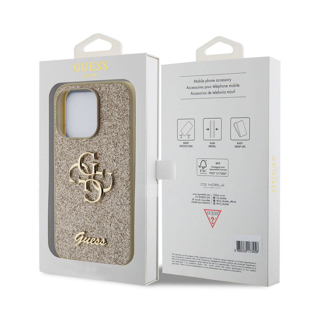 Apple iPhone 15 Pro Max Kılıf Guess Orjinal Lisanslı 4G Büyük Metal Logolu Glitter Kapak Pembe